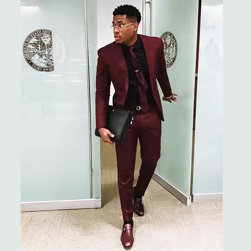 Burgundy 2 Pieces Suits for Men Slim Fit Custom Made Formal Business Suit Plus Size Trajes De Hombre ( Blazer + Pants + Tie )