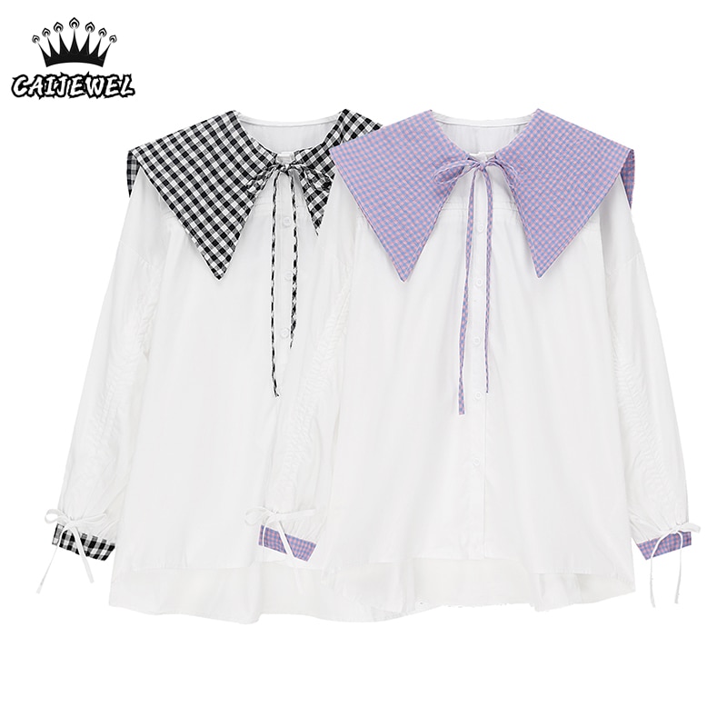 Women's Shirts White Lattice Navy Collar Lacing Long Sleeves Casual Korean Fashion Versatile Student Style Baggy Ladies Blo