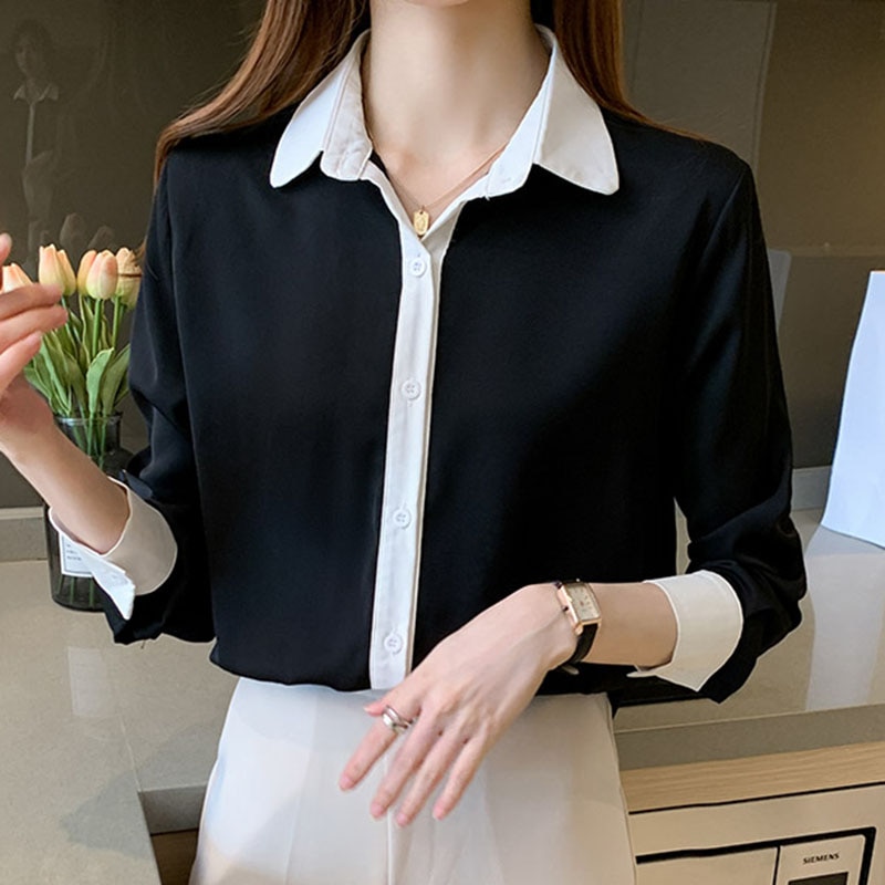 Black Blouses Women 2022 Spring Chiffon Long Sleeve Shirts Single Breasted Tops Contrast Color Ladies Blouse Camisas De Mujer
