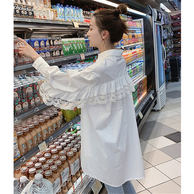 Long White Shirt Women's New Early Autumn Lace Stitching Loose Shirt