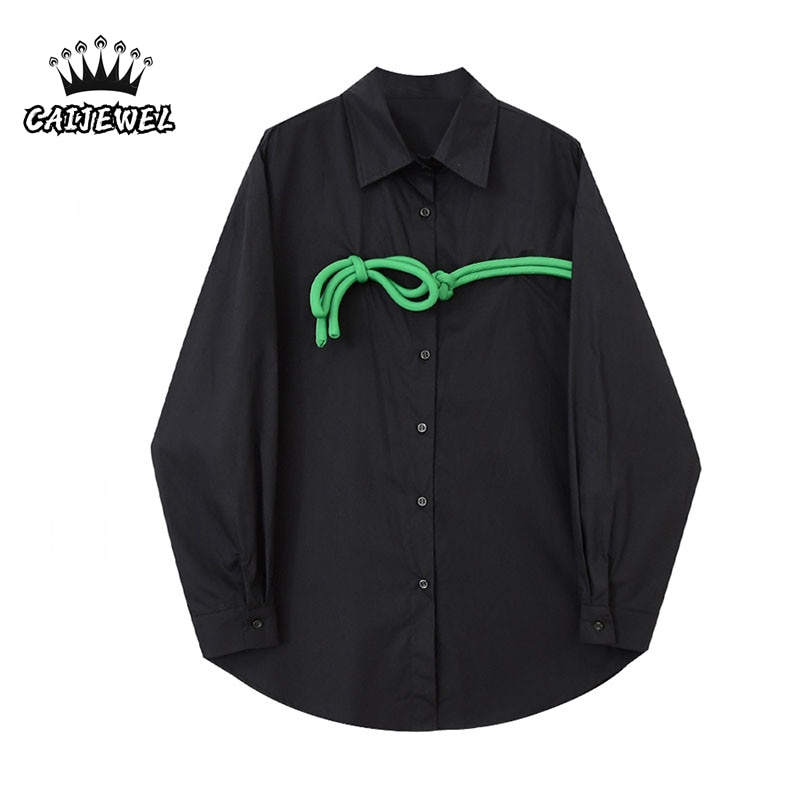 Women's Blouse Black Lacing Design Polo Collar Casual Loose Show Thin Long Sleeves Button Fashion Versatile Spring Shirts W