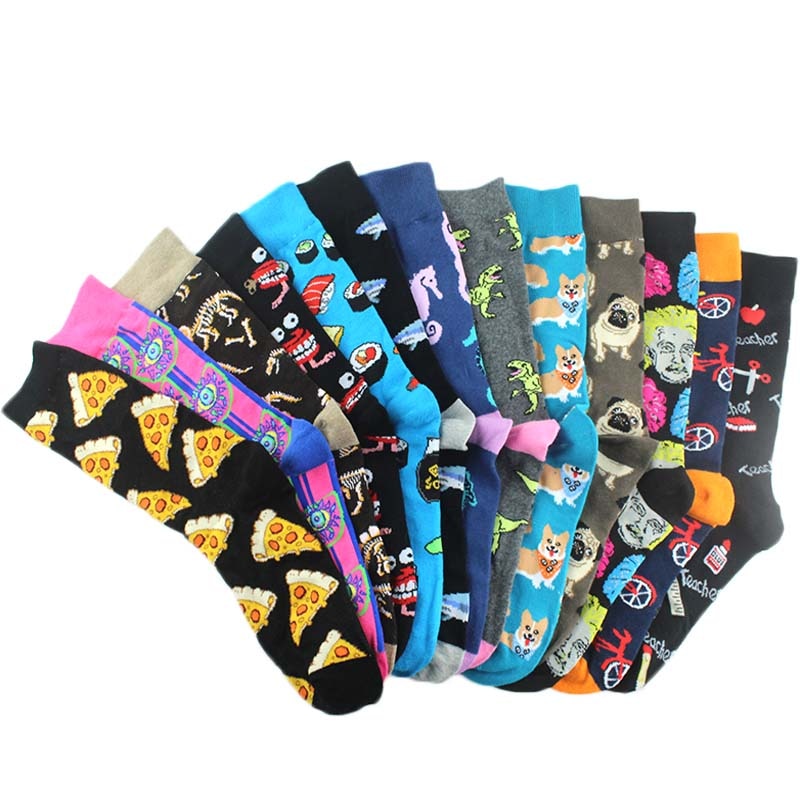 Jacquard Design Happy Hiphop Men Socks Harajuku Animal Pug Dinosaur Shark Panda Funny Sokken Skateboard Wedding Gift Crazy Meias