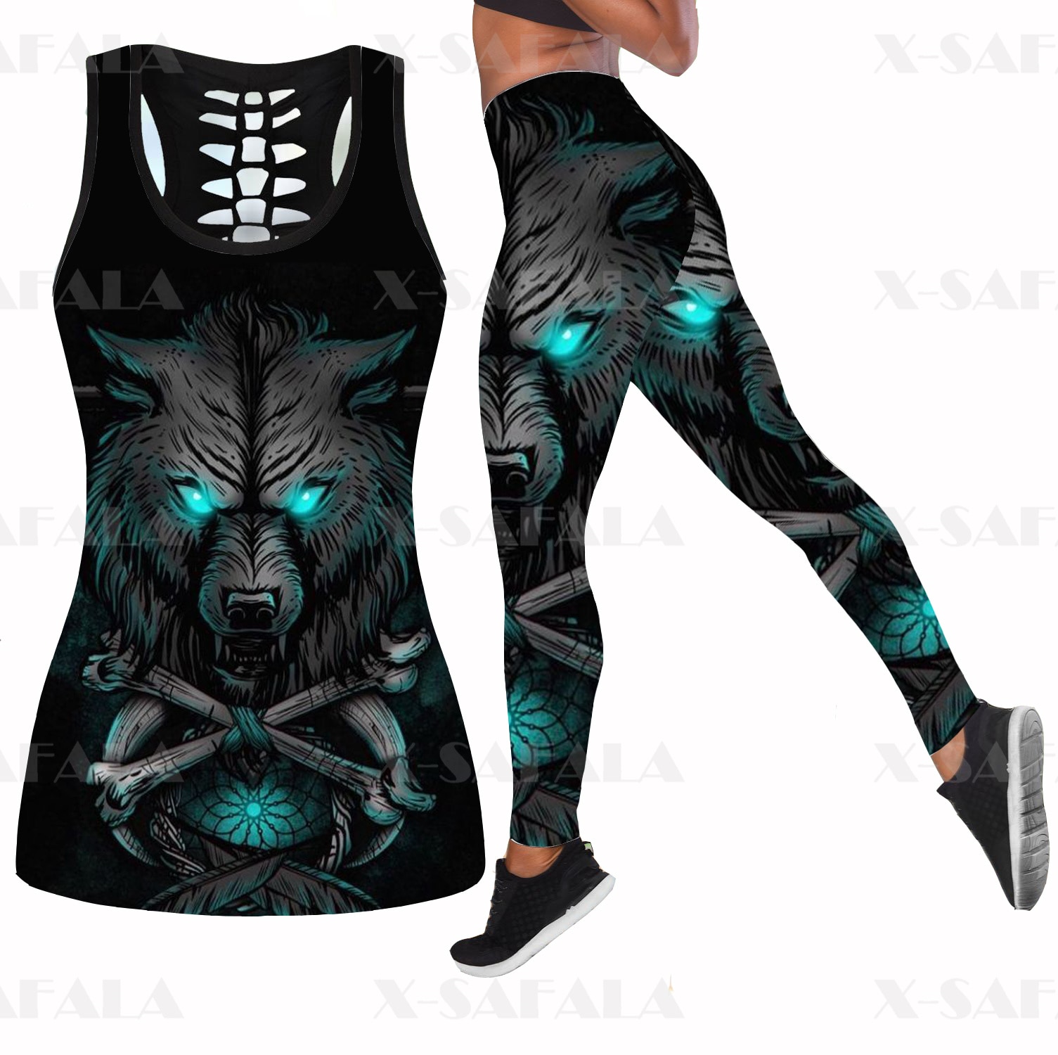 Wolf Tattoo Symbol Viking Armor Two Piece Yoga Set Women 3D Print Hollow Out Tank Top High Waist Legging Summer Casual Sport-10