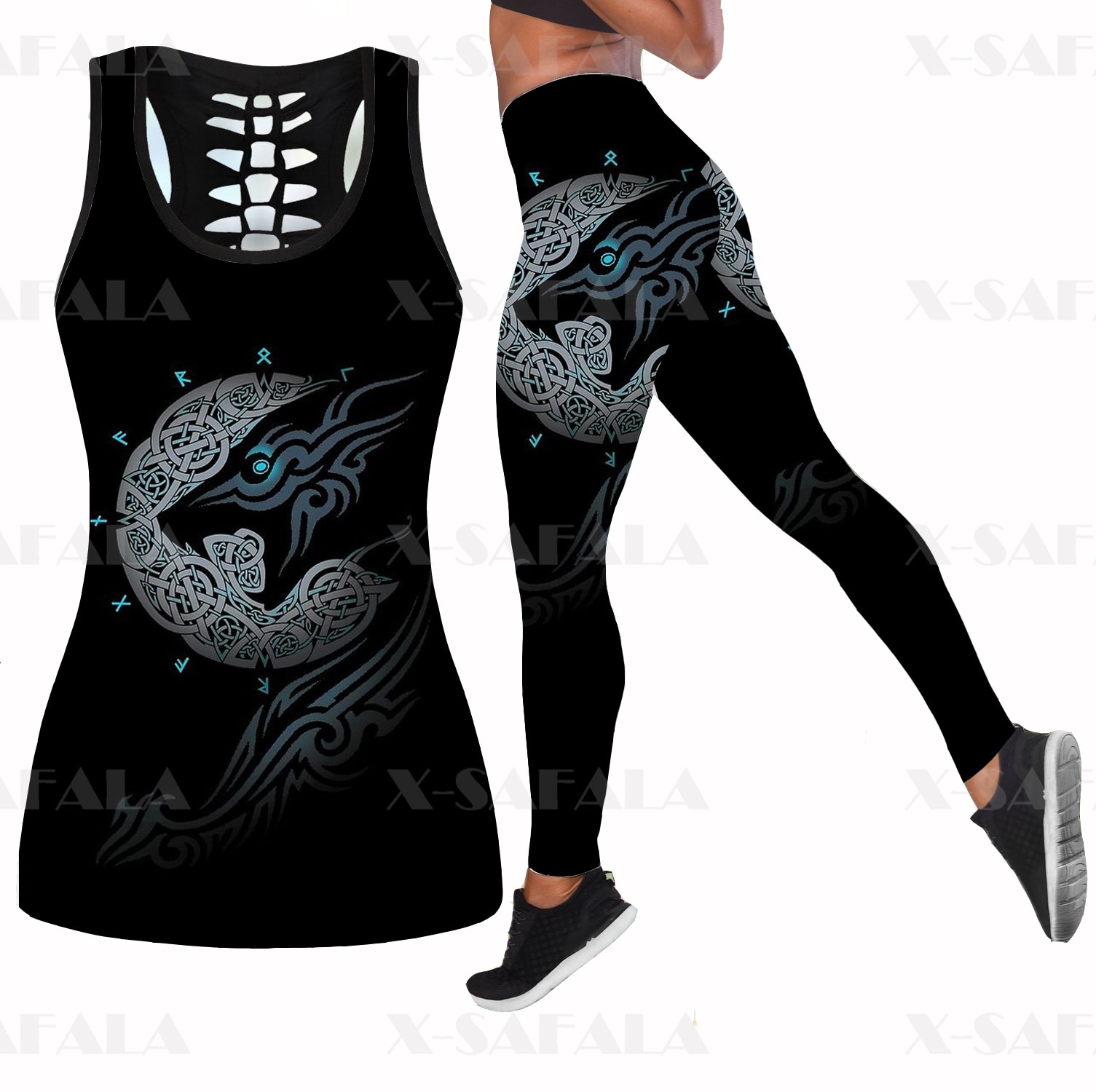 Wolf Tattoo Symbol Viking Armor Two Piece Yoga Set Women 3D Print Hollow Out Tank Top High Waist Legging Summer Casual Sport-8