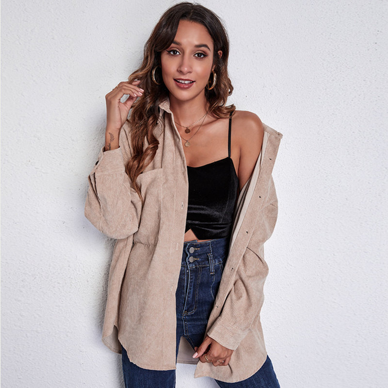 High Quality Corduroy Blouse Women 2022 New Spring Autumn Mid-length Loose Coat Casual Big Pocket Long Sleeves Female Shirt