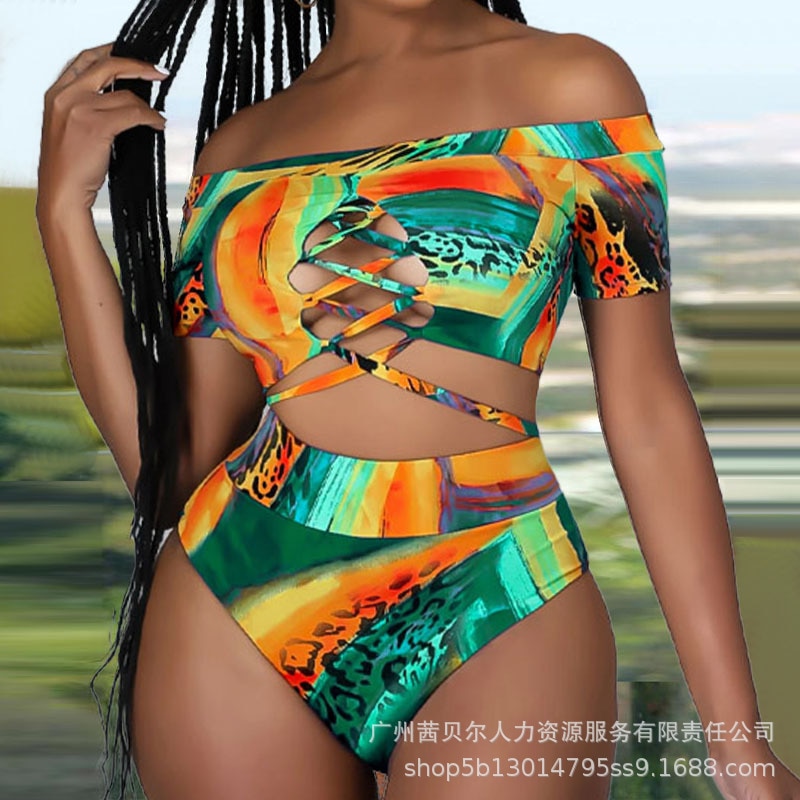 Mandylandy Bikini Swimwear Women Print Swimsuit Sexy Bandage Hollow Out Brazilian Bikini Set Push Up Women Biquini Beachwear