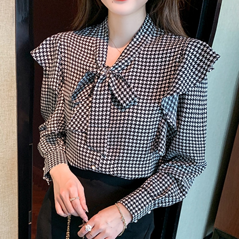 Vintage Plaid Blouses Women 2022 Ruffles Lace Up Bow Tops Spring Chiffon Long Sleeve Shirts Ladies Clothes Blouse Chemise Femme