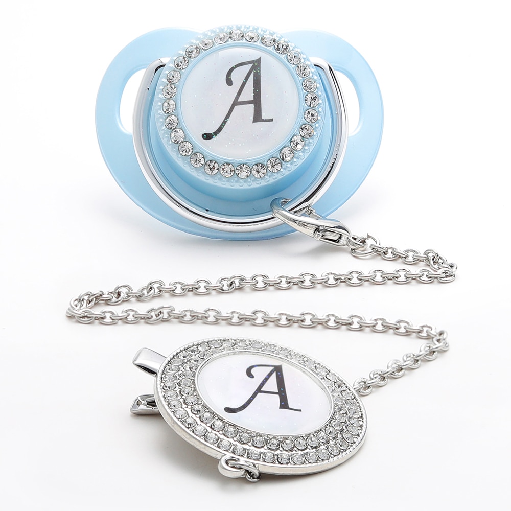 Pacifier Holder Bling Blue Personalised Pacifier Hot Selling 26 Letters Initials BPA Free Dummy TeetherBaby Shower Gift Chupetes