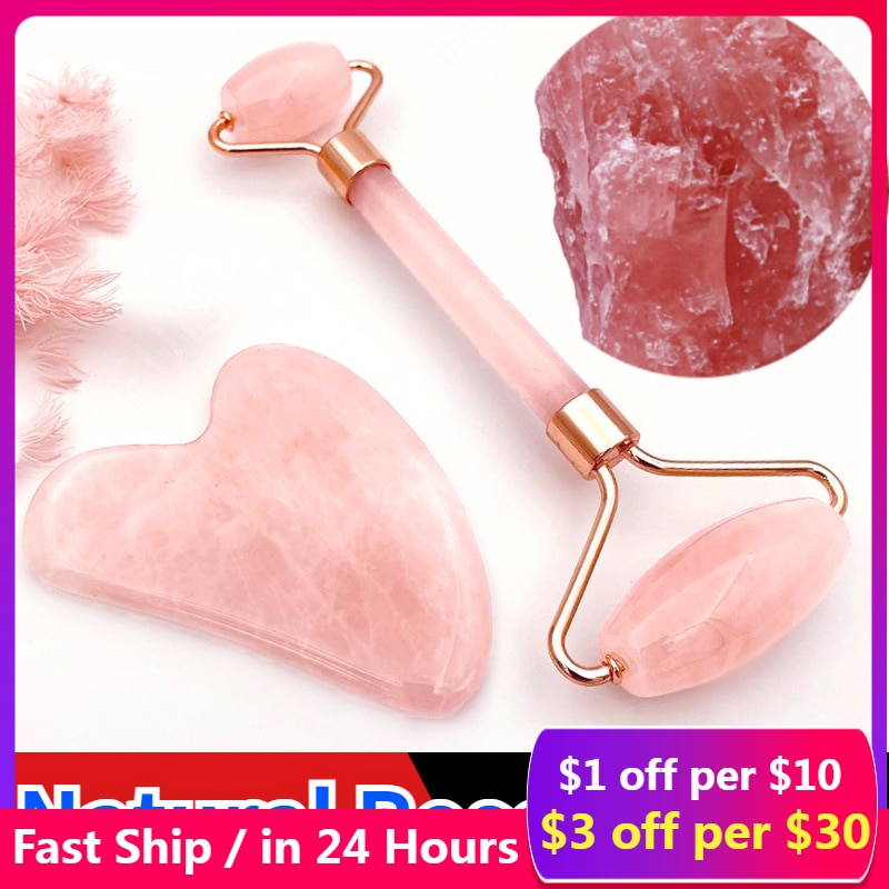 Rose Quartz Powder Crystal Jade Roller Massage Spa Natural Pink Handmade Gua Sha Stone Facial Beauty Device Face Skin Care Tool