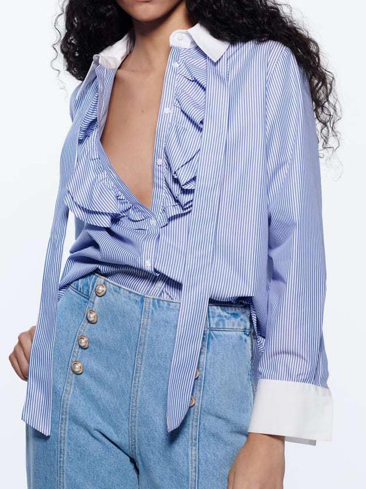 KUMSVAG 2022 Summer Women Sweet Striped Shirts Blouses Tops Cascading Ruffle Bow Tie Female Casual Street Top Blusas Clothing