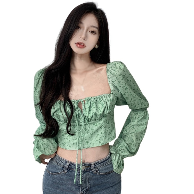Women's Vintage Floral Crop Top Long Sleeve Square Collar Slim Fit Outfit Casual Shirts Square Neck Floral Print Ruffles Bl
