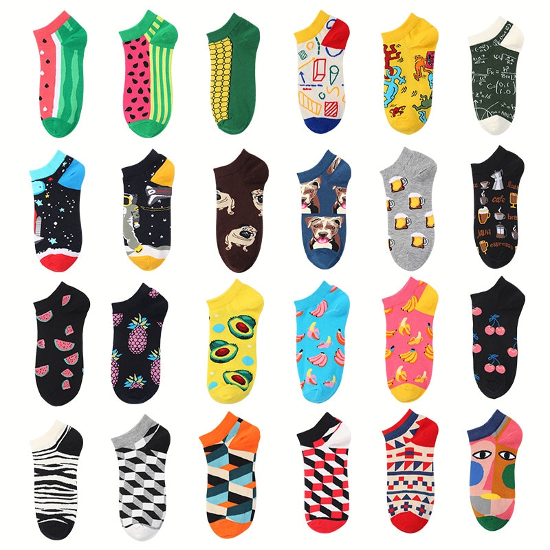 Cute Cotton Men's Socks Fruit Corn Beer Geometric Number Cartoon Casual Colorful Cool Short Ankle Socks Dropshipping