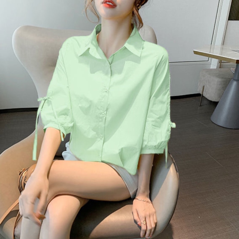 Solid Color Shirt Women's Short Sleeve New Breathable Coat Women Lantern Sleeve Bow Shirt Women's Cotton