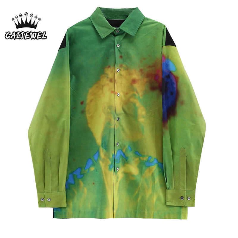 Women's Clothing Shirts Green Tie Dye Printing Long Sleeves Casual Fashion Button Up Baggy Tops Advanced Spring Ladies Blou