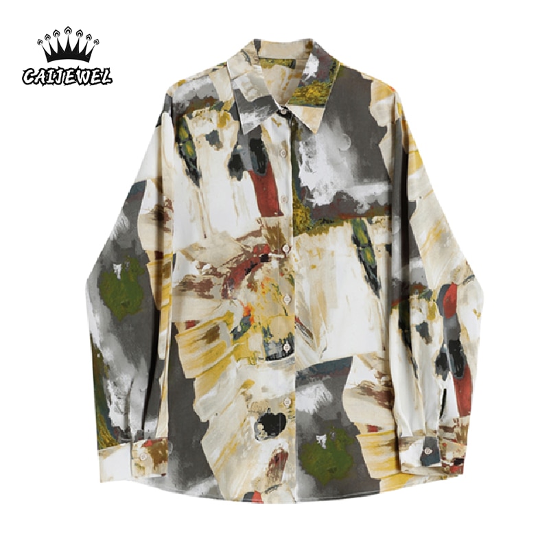 Women's Clothing Button Up Shirts Vintage Oil Painting Printing Long Sleeves Chic Design Fashion Baggy Versatile Ladies Blo