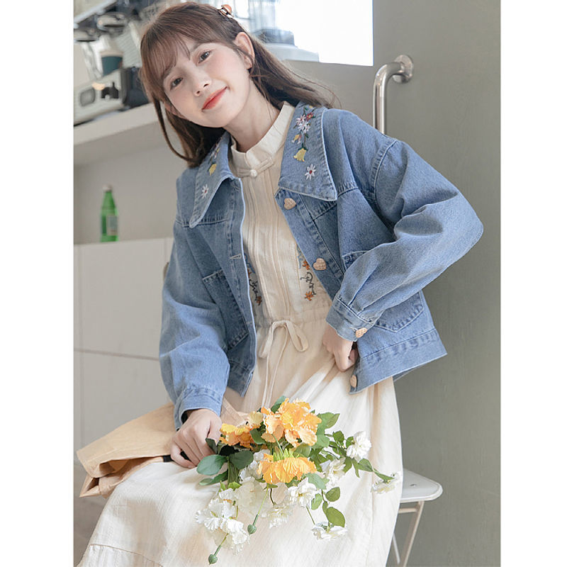 Embroidered Denim Coat Women Spring New Casual Joker Loose Lapel Jacket Top