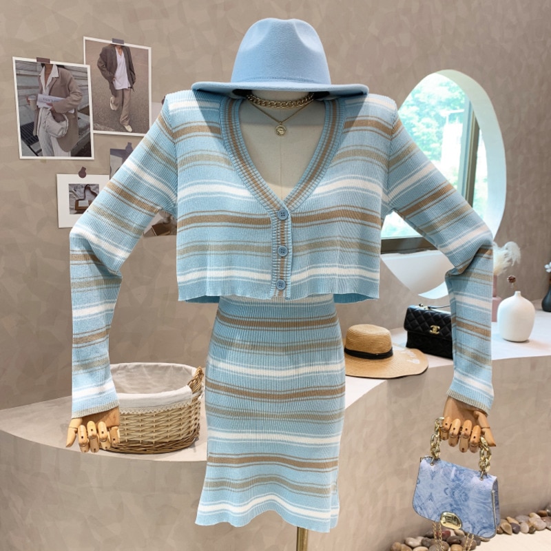 2022 Spring New Knitted Two Piece Set Women Contrast Striped V-neck Cropped Cardigan Slim Slip Dress Korean Chic Casual Suits