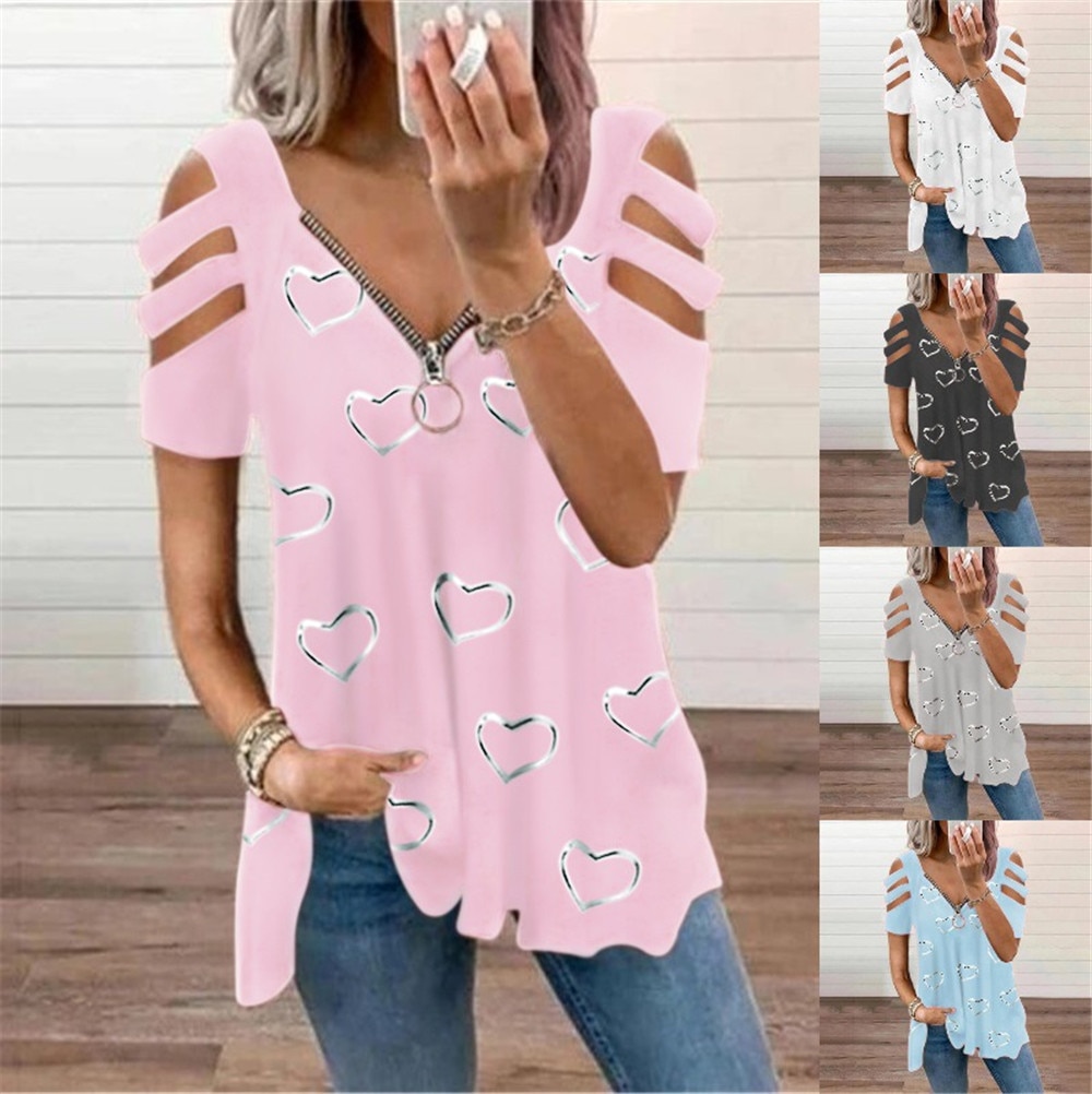 2022 Summer New Love Ladies Print V-neck Zipper PulloverTop Hollow Off-The-Shoulder Short-Sleeved Loose T-shirt Women Shirt