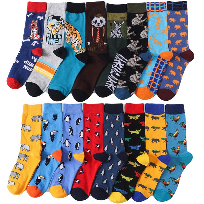 Cartoon Cotton Men Socks Funny Fashion Design Colorful Tiger Panda Penguin Casual Happy Socks for Man Dropshipping
