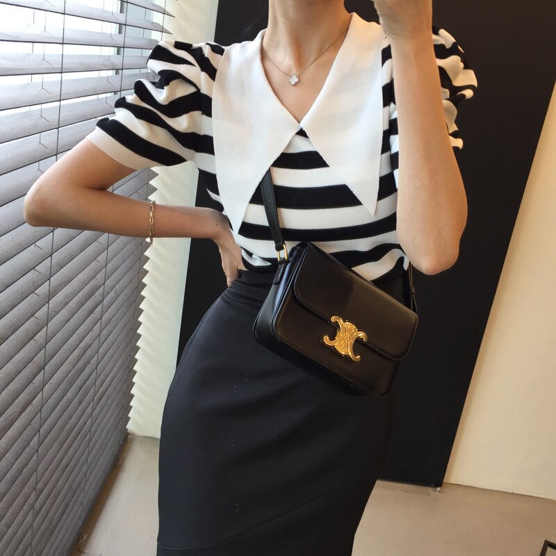 Summer Vintage Women Slim T-Shirts Turn-Down Collar Puff Sleeve Tees Casual Knit Striped Tops Korean Ice Silk Sweater Pullover