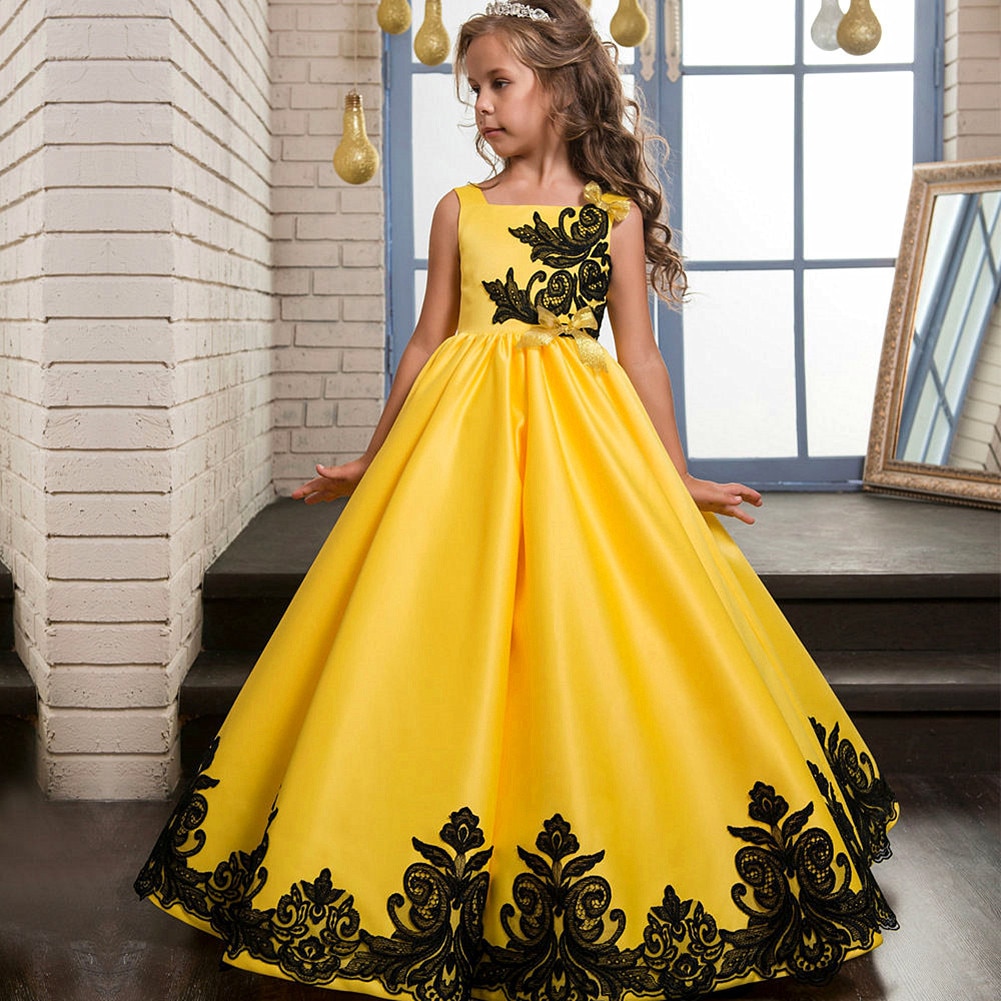 Girls Long Floral Bow Princess Birthday Party Ball Dress Children's Festival Banquet Formal Evening Dress Wedding Flower Gi