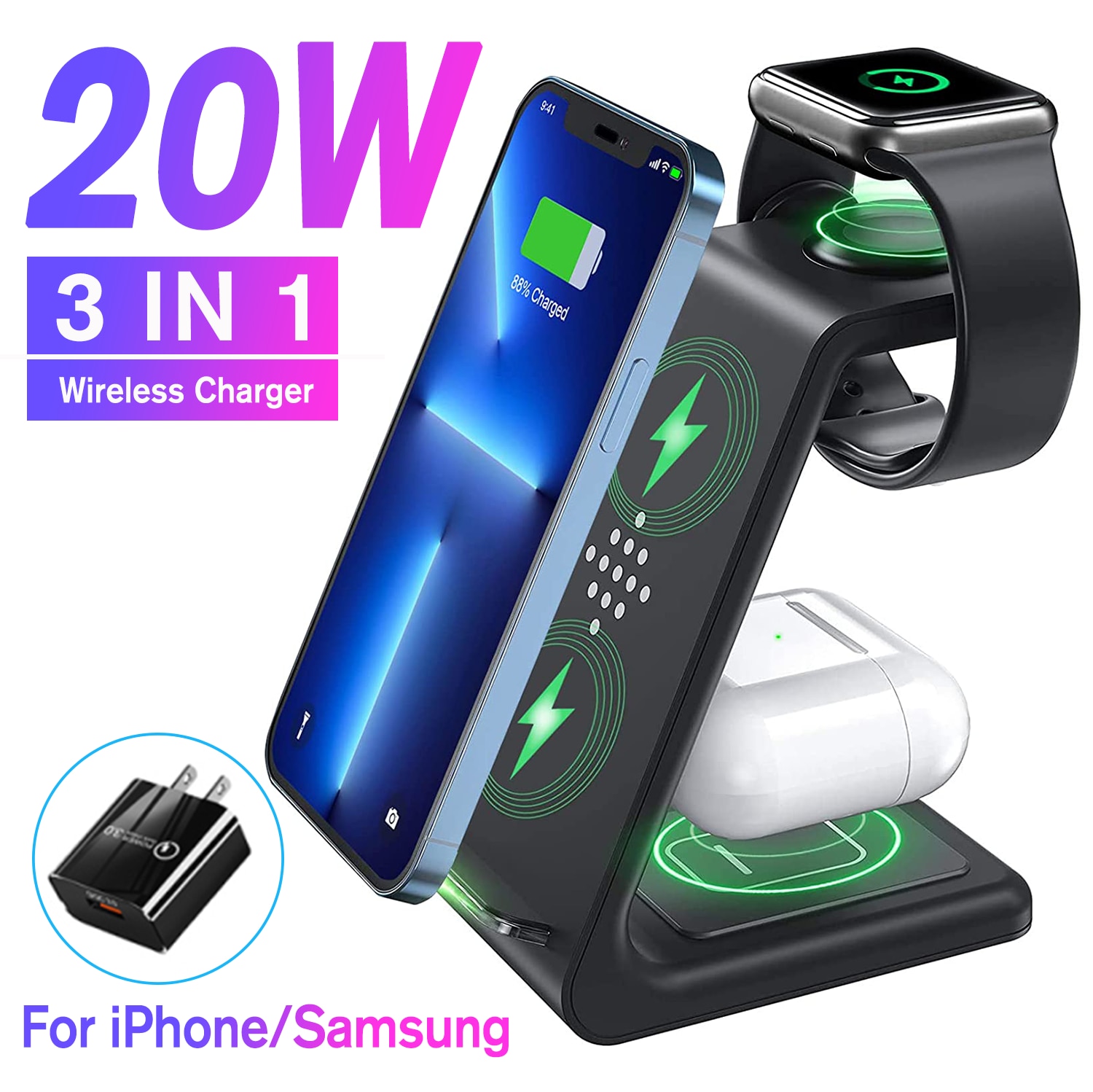 20W Wireless Charging Stand 3 in 1 Wireless Chargers Dock Station for Apple Watch 6 SE 5 4 3 2, Airpods 2/Pro, iPhone 13/13 Pro
