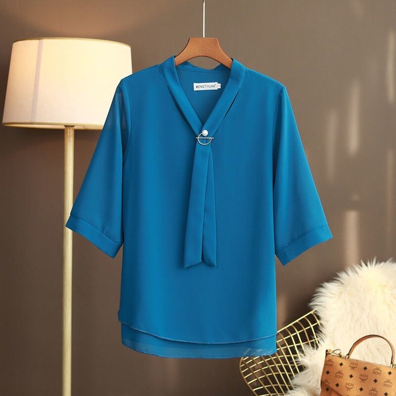 MOYISU 2022 Summer New Women Chiffon Blouse V-Neck Solid Color Female Half Sleeve Loose Oversized Shirt Blusas Mujer De