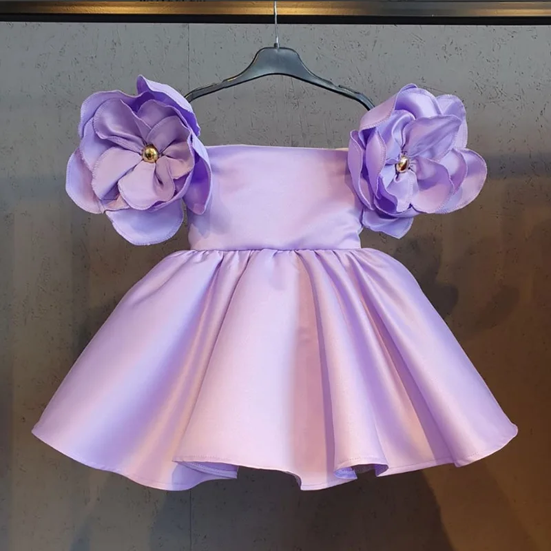 Girl Satin Face Tulle Petal Sleeve Dress Children Vestido Vintage Solid Color Wedding Birthday Party Princess Dress Kid Clothes