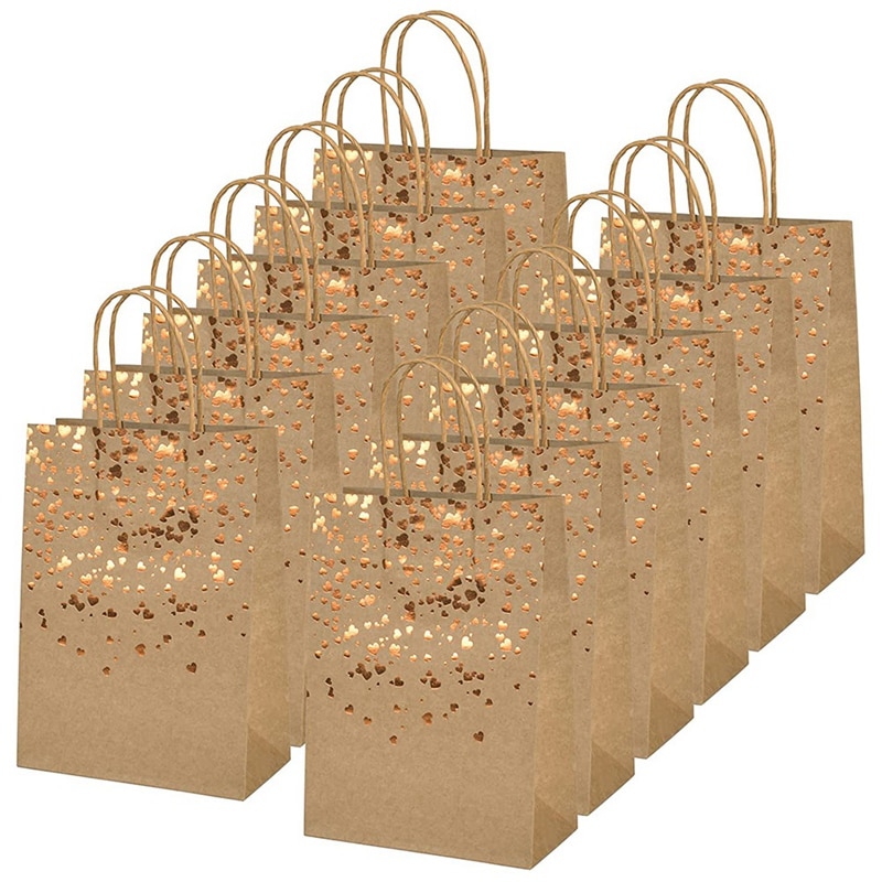 12 Pcs Kraft Paper Bag Hot Stamping Love Paper Bag Kraft Paper Gift Bag with Handle for Party Shopping