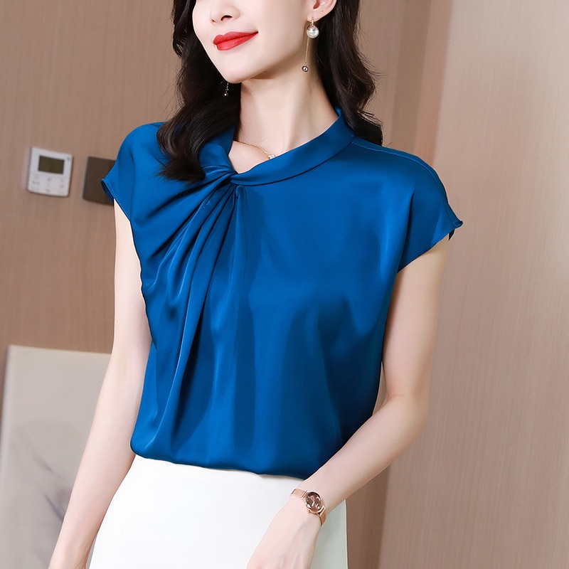 2022 Summer Basic Solid Women's Acetate satin Shirts O-Neck Short Sleeve chiffon Tops Elegant Artificial silk blouse 10 col