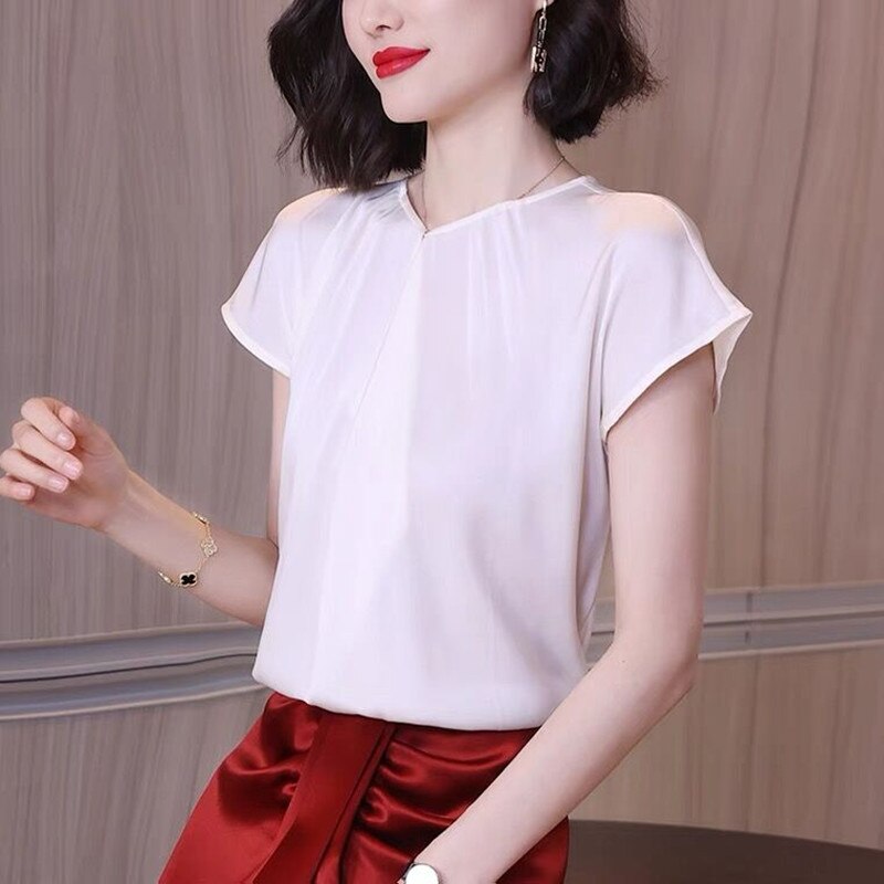 Elegant Fashion Office Lady Satin Shirt 2022 Spring Summer Commuter Casual short Sleeve artificial silk Pullover chiffon Blouse