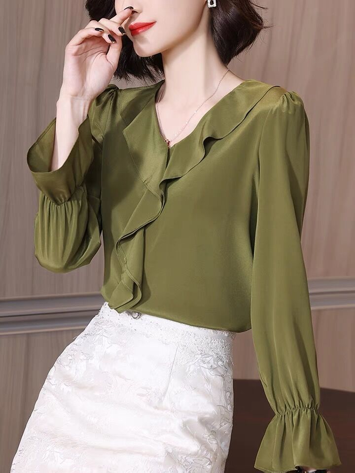 High Quality Elegant Imitation Silk Blouse Spring Women Fashion Long Sleeves Satin shirts Vintage Korean sweet ruffled tops