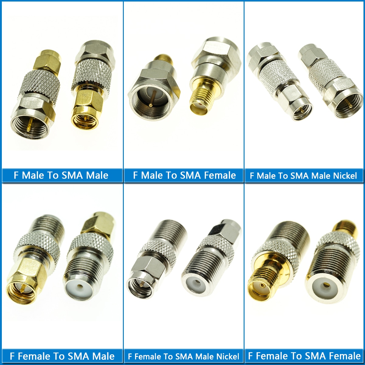 1 Pcs F To SMA Connector Socket Kit Set F Male to SMA RP SMA Male & Female Gold Nickel Plated Brass Straight Coaxial RF Adap