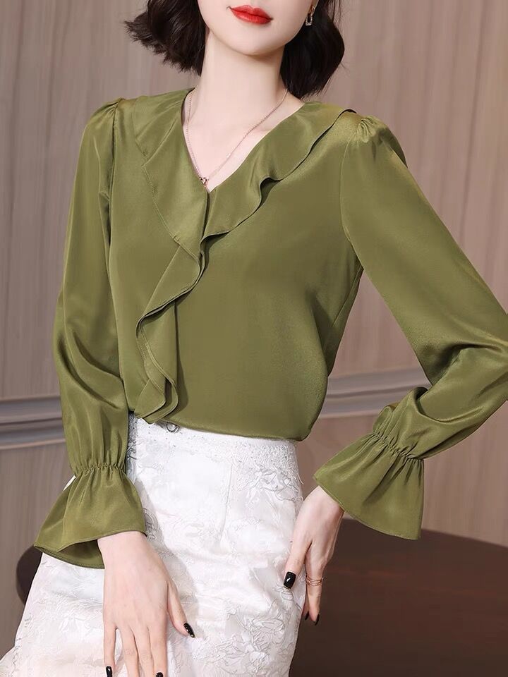 2022 Spring Autunm Fashion Elegant Artificial silk Blouse Korean sweet ruffled chiffon tops Women Long Sleeves Satin shirts