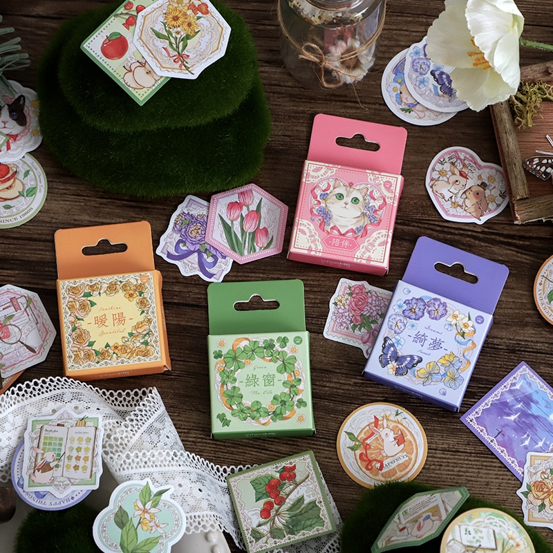Journamm 46pcs/pack Aesthetics Washi Stickers Boxed DIY Scrapbooking Decor Junk Journal Creative Stationery Art Sealing Stickers