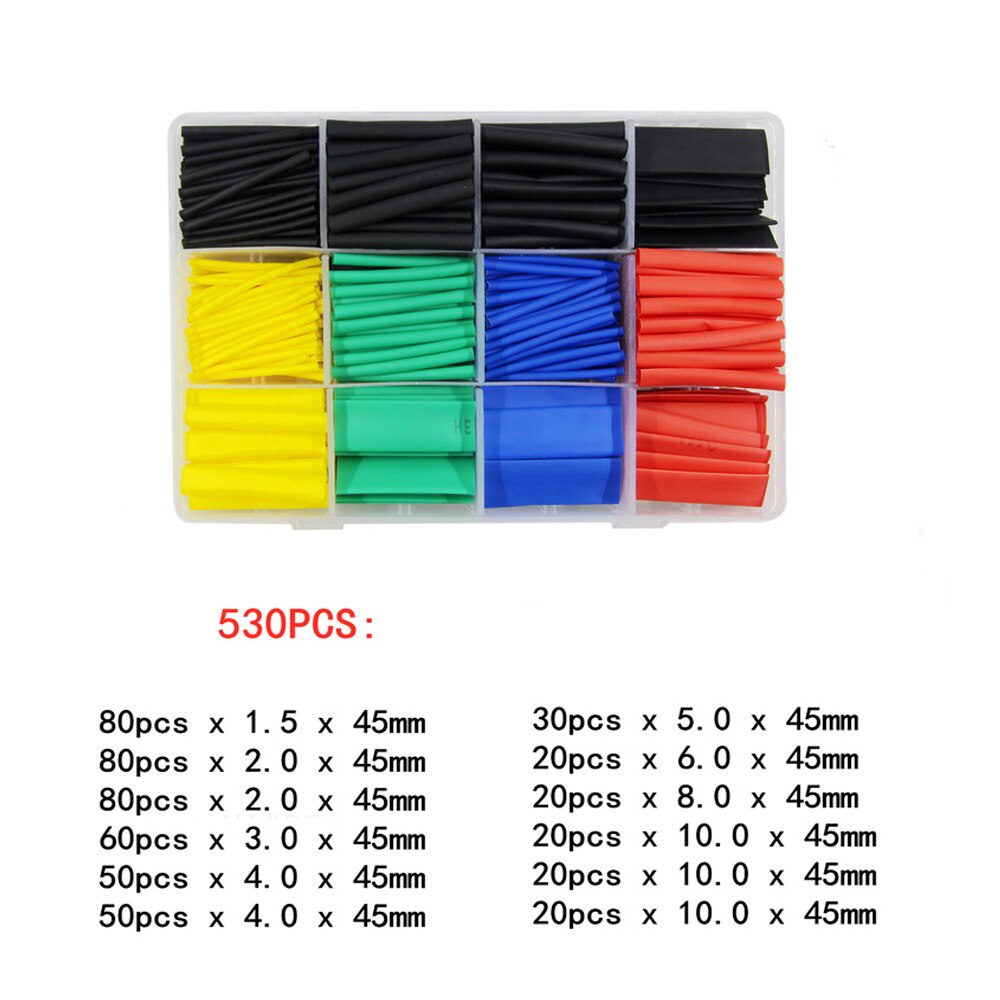 530PCS Assorted Polyolefin Heat Shrink Tubing Tube Cable Sleeves Wrap Wire Set 8 Size Multicolor/Black
