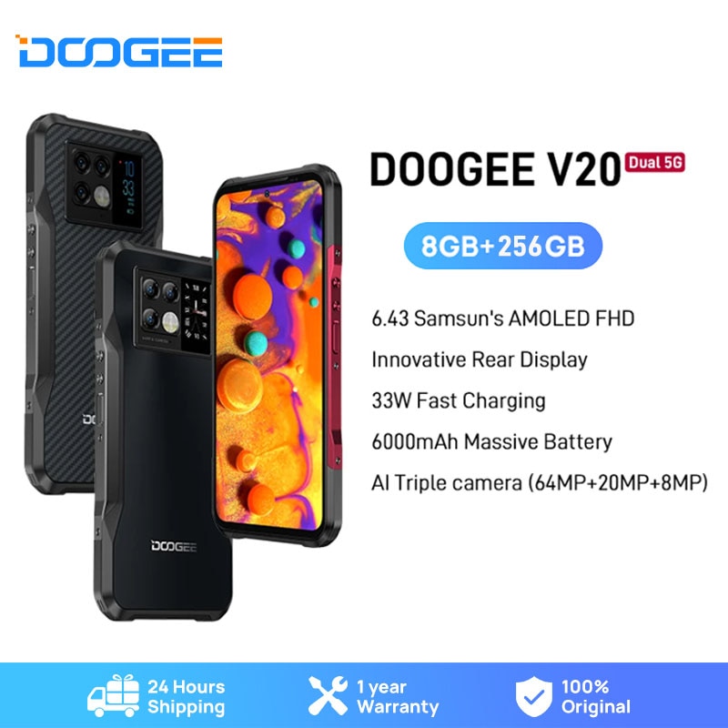 New DOOGEE V20 5G Rugged Phone 6.43"FHD AMOLED Display Innovative Rear Display Smartphone 8+256GB 64MP Camera 6000mAh NFC P
