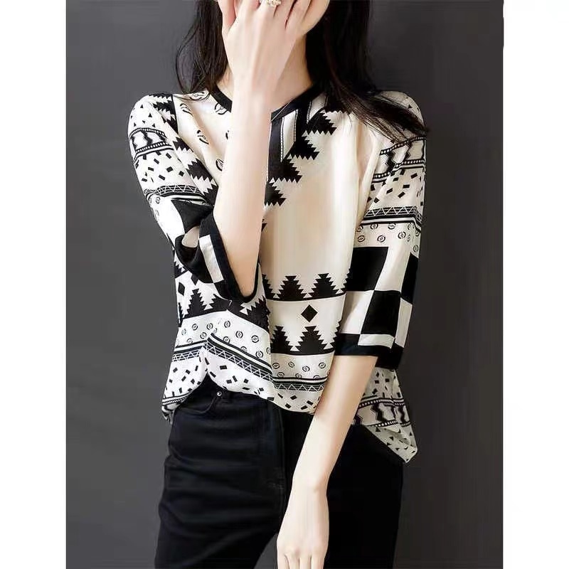 Western style silk short sleeve women's summer printed round neck white satin pullover slimming wear silk blouse