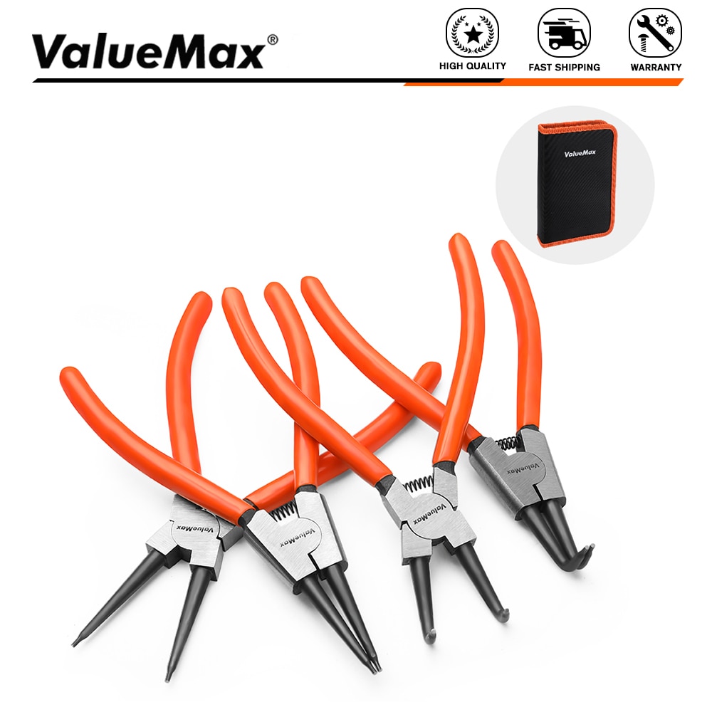ValueMax 4PC 165MM Snap Ring Pliers Set Circlip Pliers Kit Internal External Curved Pliers Set Professional Hand Tools with Bag