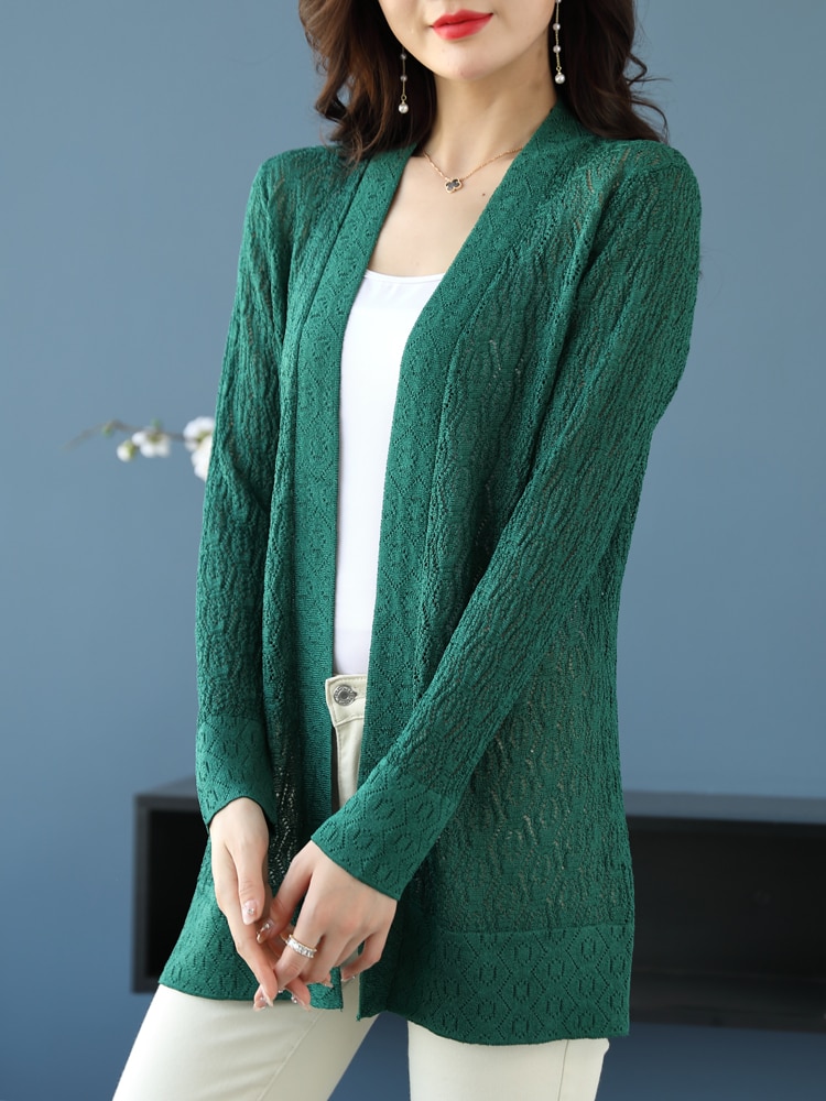 Solid Female Cardigans Sweater Spring Summer Long Sleeve Hollow Knitted Sweaters Women Solid Long Cardigan