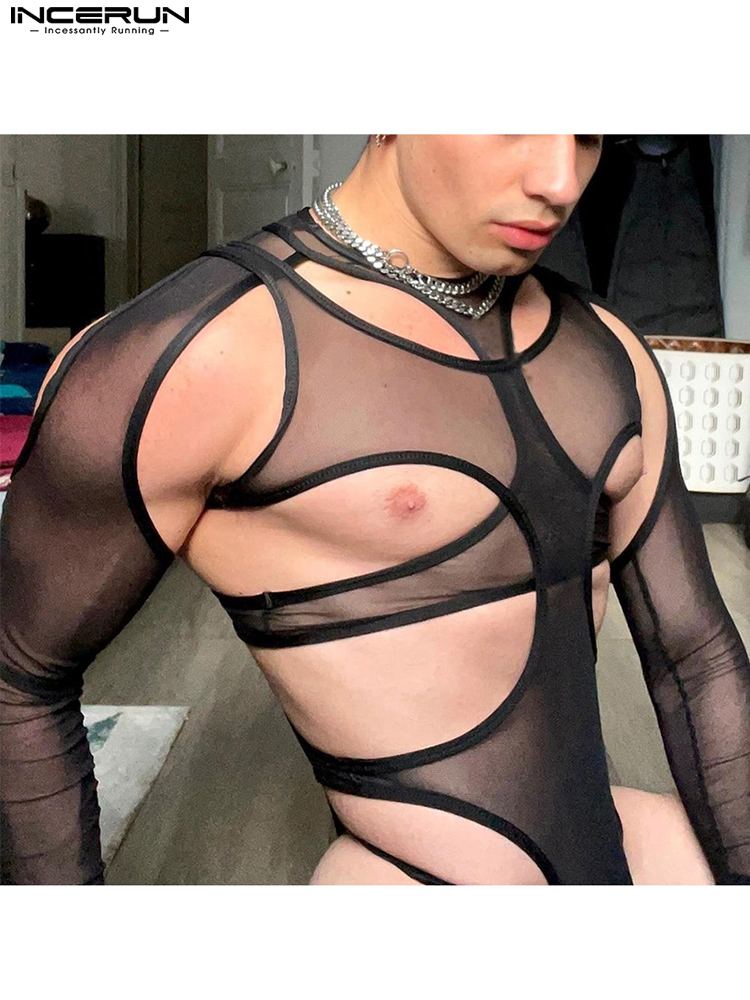 Fashionable Loungewear Sexy New Men Breathable Mesh Onesies Stylish Male Thin Long Sleeve Triangle Bodysuits S-5XL INCERUN 2023