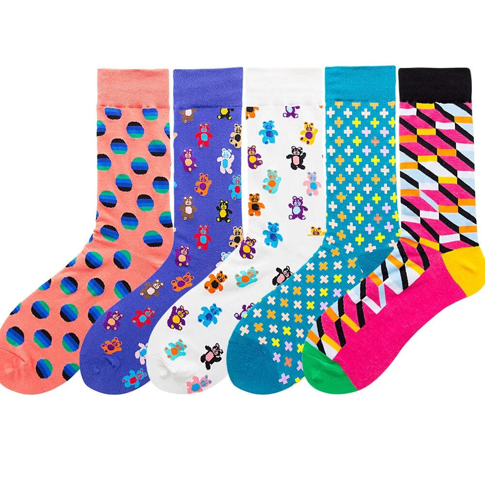 Fashion Socks Men Calcetines Funny High Quality Colorful Bears Geometric Chaussettes Gifts
