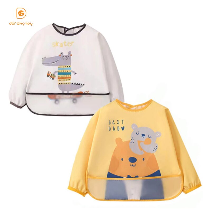 Long Sleeve Baby Bibs Cute Cartoon Art Smock Waterproof Sleeved Bib with Pocket Bundle Toddler Kids Burp Cloth Feeding Bib Apron
