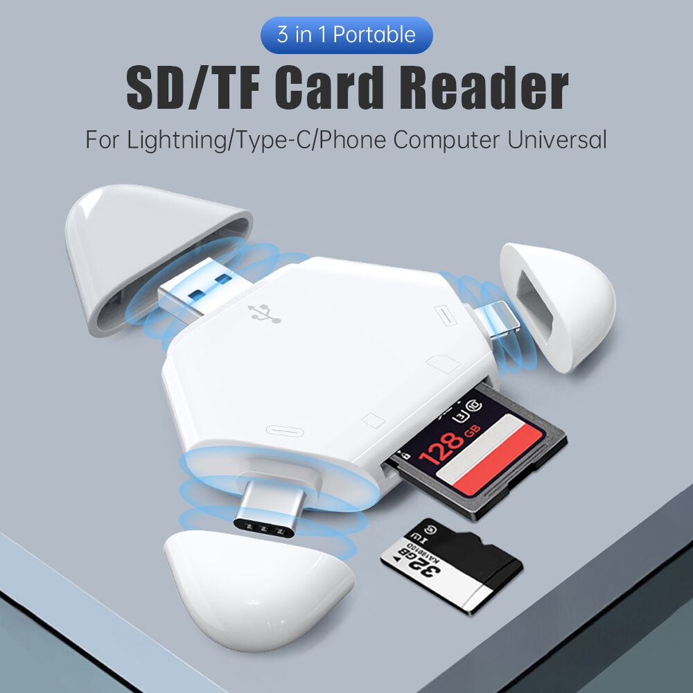 3 in 1 Multi Function Magnetic USB 2.0 High Speed OTG Adapter for SD TF Card Reader for iPhone Type-C Android