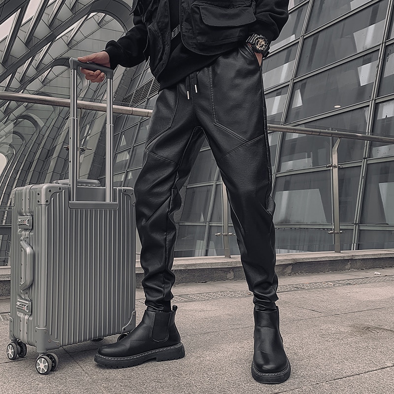 New Men's Leather Pants Trend Fashion Thickened Warm Motorcycle Windproof Waterproof PU Black Trousers Harajuku Man Streetw