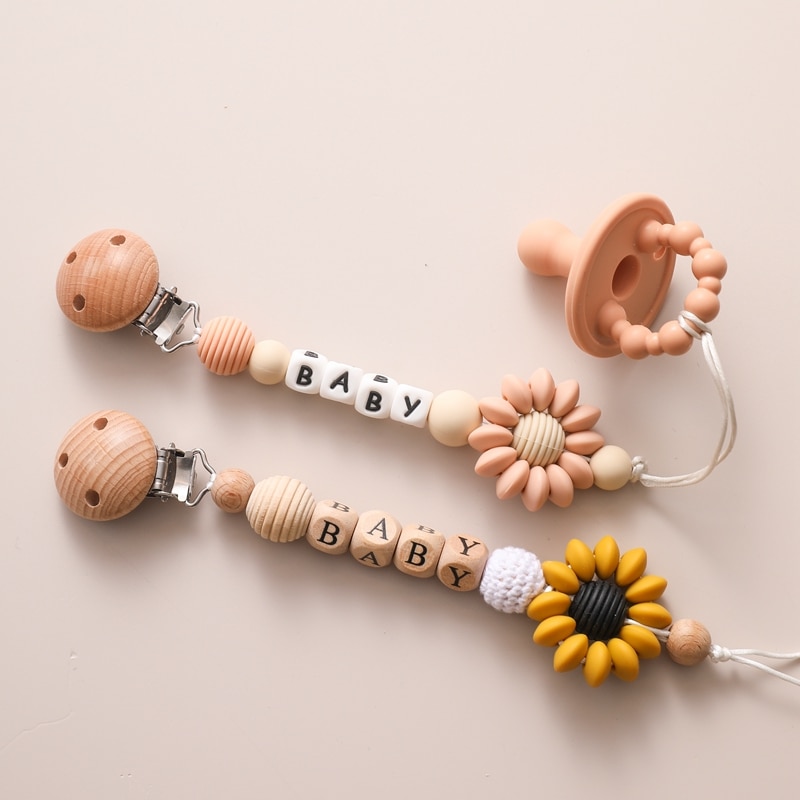 Personalized Sunflower Pacifier Chain Wooden Clip Holder Eco-friendly Newborn Toy