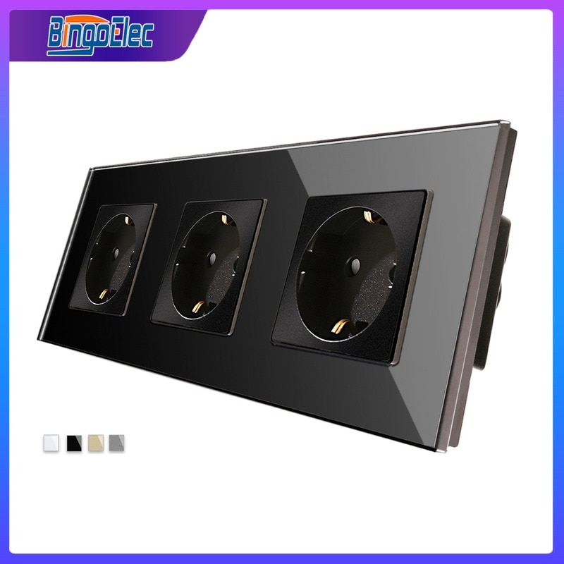 Bingoelec EU Standard Wall Sockets Wall plug 1/2/3 Outputs Crystal Glass Panel 16A White Grey Black Gloden Electrical outlets