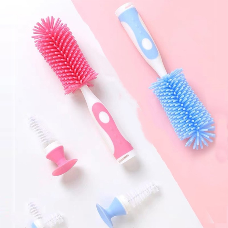 2 In 1 Silicone Bottle Brush 360 Degree Rotation Baby Pacifier Cup Nipple Food Grade Cleaning Brushes Suction Cup Handle Design
