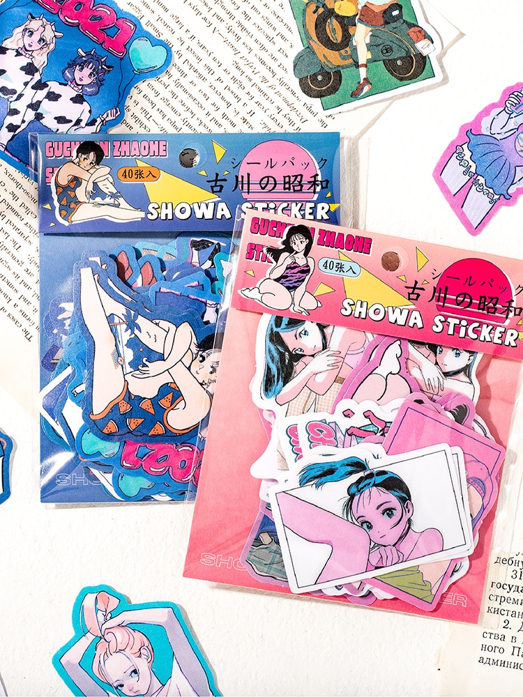 40Pcs/Bag Retro Showa Girl Sticker Decoration Diary Album Scrapbooking Ins DIY Hand Account Japanese Vintage Stationery