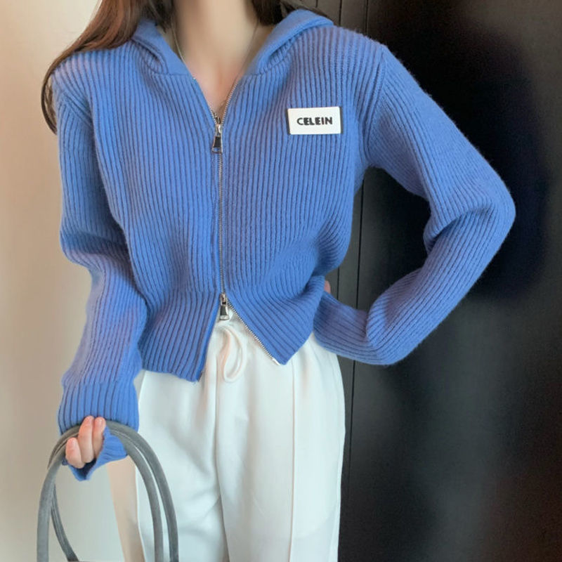、Solid Color Hooded Knit Cardigan Jacket Women's Slim Short Top College Fashion Zipper Sweater Baseball Suit Women's W